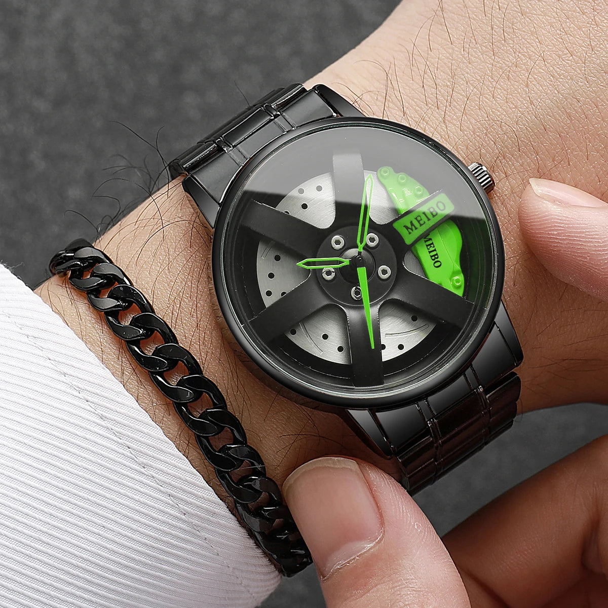 2PCS Fashion Men Sports Watches 3D Car Wheel Stainless Steel Band Wrist Watch Men'S Quartz Watch Bracelet Set(Without Box)