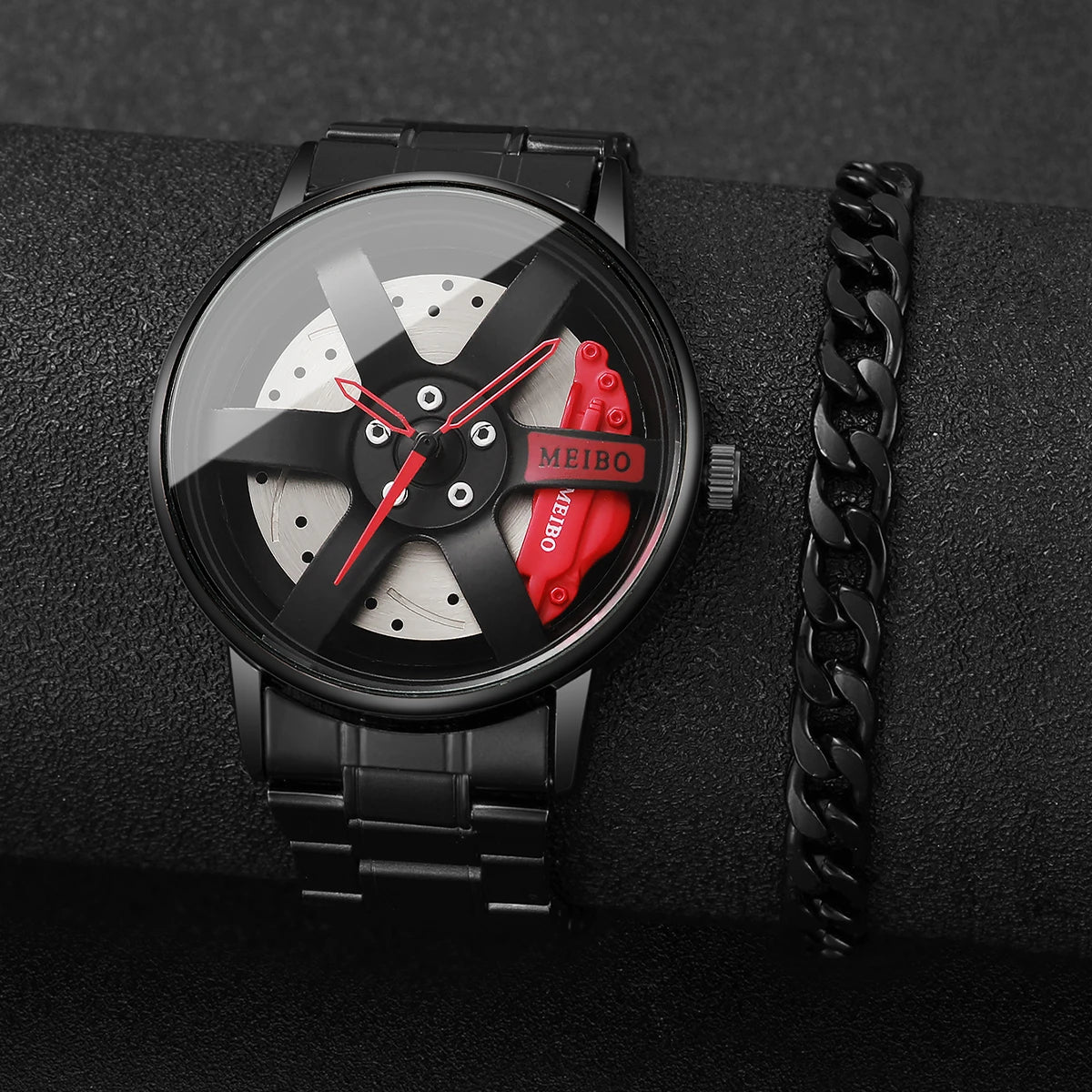 2PCS Fashion Men Sports Watches 3D Car Wheel Stainless Steel Band Wrist Watch Men'S Quartz Watch Bracelet Set(Without Box)