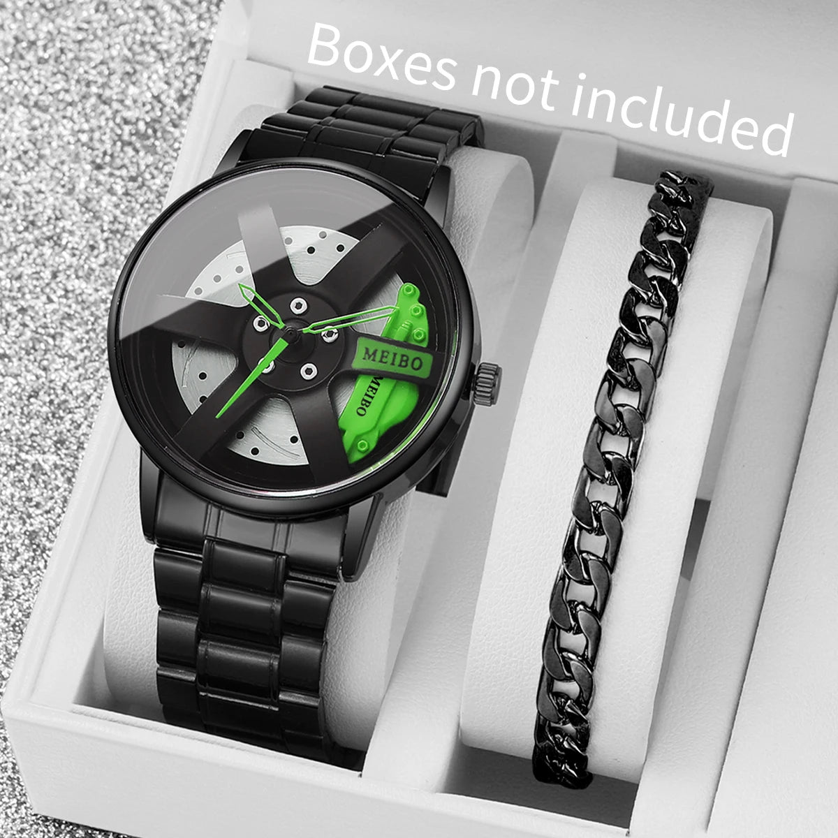 2PCS Fashion Men Sports Watches 3D Car Wheel Stainless Steel Band Wrist Watch Men'S Quartz Watch Bracelet Set(Without Box)