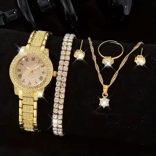 6PCS Women Watch Luxury Elegant Alloy Watch Crystal Wristwatch for Ladies Gift Quartz Watch Alloy Rhinestone Bracelet Montre