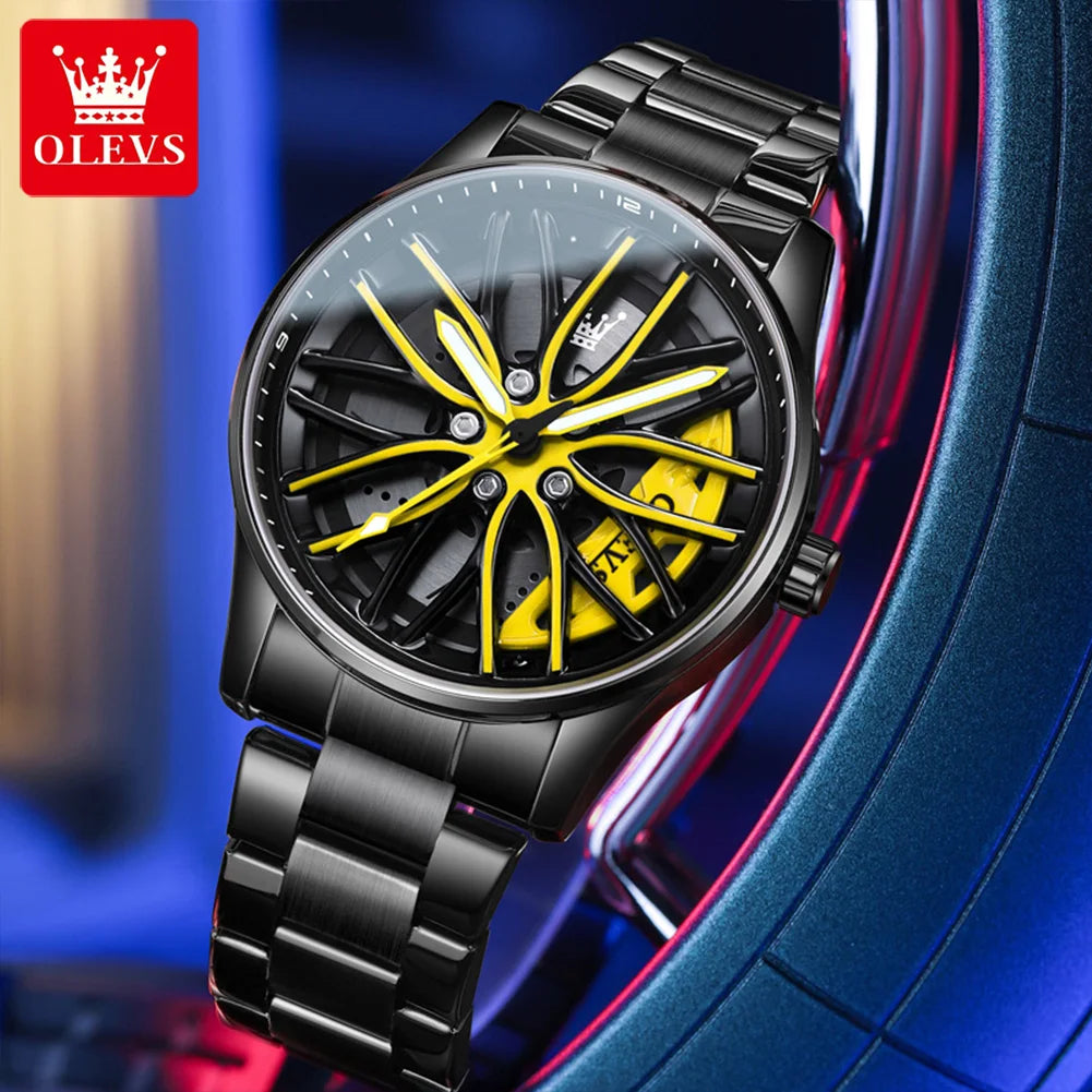 Rotation Rim Hub Sports Car Watch Men Watches Waterproof Stainless Steel Wheel Quartz Wristwatch Men with Luminous Hands